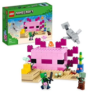 LEGO 21247 Minecraft Het axolotlhuis, Bouwbare Onderwater Basis met Ontdekkingsduiker, Zombie, plus Dolfijn en Kogelvis Dieren Figuren, Avontuurlijk Speelgoed voor Kinderen, Meisje en Jongens 7+