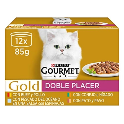 Purina Gourmet Gold dubbel genot natvoer voor katten, verschillende verpakkingen, 8 verpakkingen van 12 blikjes à 85 g, 96 blikjes - natvoer katten