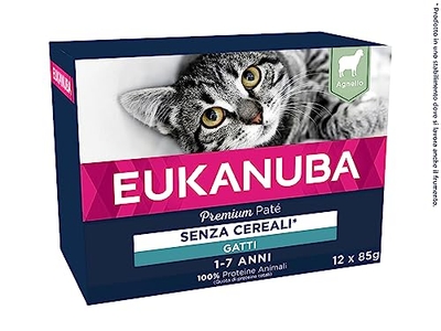 EUKANUBA Graanvrij* premium kattenvoer met lamvleesvlees - natvoer voor volwassen katten van 1 jaar, 12 x 85 g - natvoer katten
