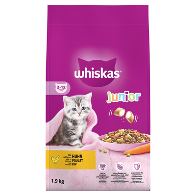 Whiskas kattenvoer droogvoer junior <1 voor kittens / kittens met kip, 6 zakjes (6 x 1,9 kg) - kattenbrokken