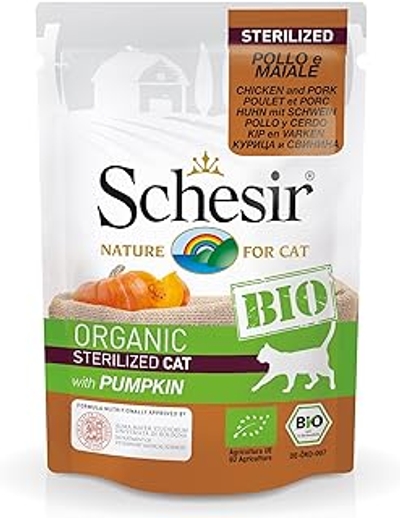Schesir Cat Bio Gesteriliseerde kip en varken met pompoen, nat kattenvoer voor gesteriliseerde katten, 16 zakjes x 85 g - kattenbrokken
