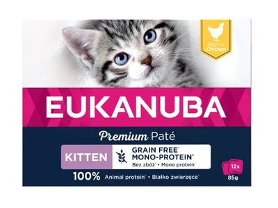 EUKANUBA Graanvrij* premium kattenvoer met kip - natvoer voor opgroeiende kittens van 1-12 maanden, 12 x 85 g - natvoer katten