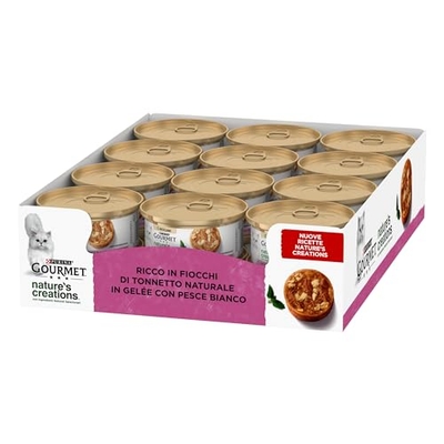 GOURMET Nature's Creations Natuurlijke tonnetvlokken van gelei met witte vis, aanvullend voer voor volwassen katten, 70 g blik - natvoer katten