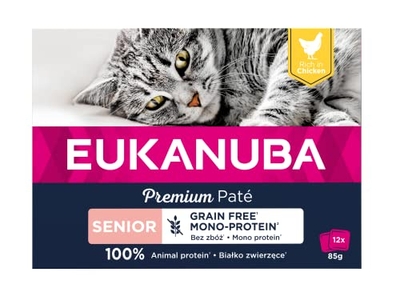 EUKANUBA Graanvrij* premium senior kattenvoer met kip - natvoer voor oudere katten van 7 jaar, 12 x 85 g - natvoer katten