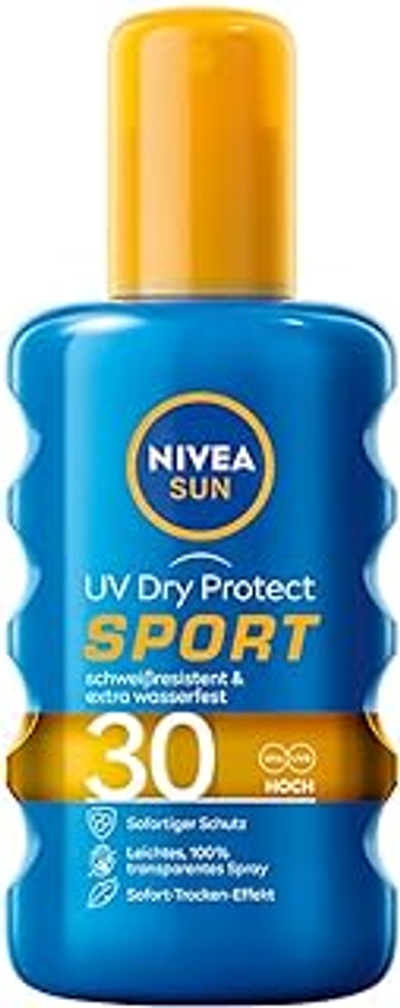 NIVEA Sun UV Dry Protect Sport Zonnespray SPF 30 200 ml, 100% transparante zonwering, speciaal voor sporters, zweetbestendige en extra waterdichte zonnecrème