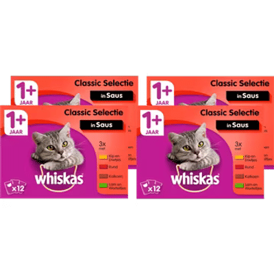 Whiskas 1+ Natvoer - Classic - Selectie in saus - maaltijdzakjes 4 x 12 x 85g - natvoer katten