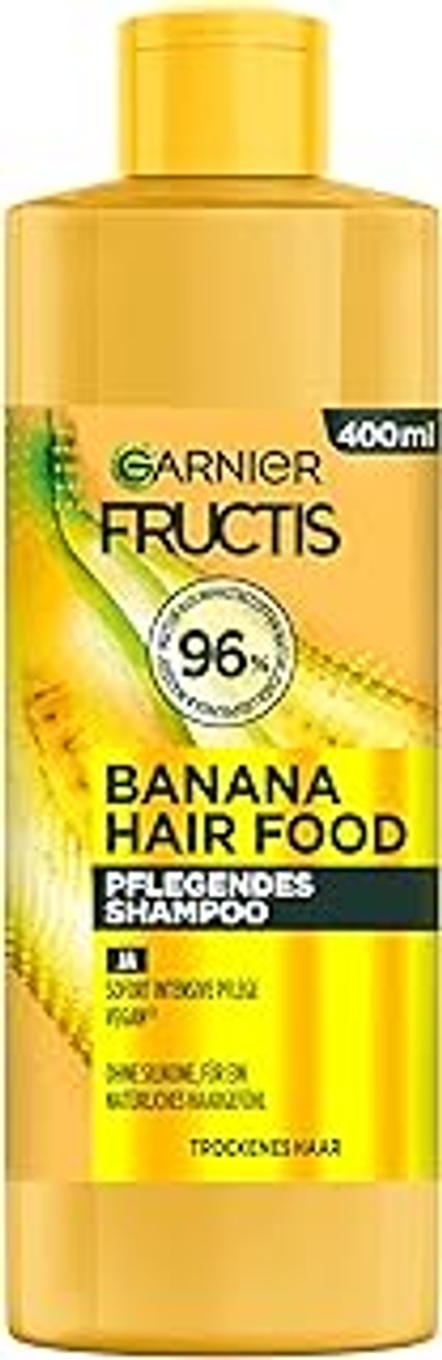 Garnier Fructis Bananenshampoo, voor beschadigd haar, zachte reiniging met licht schuim, voor meer soepelheid en verzorgd haar, veganistische formule, zonder parabenen, Hair Food, 3-in-1, 400 ml