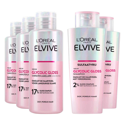 L'Oréal Elvive Glycolic Gloss - Shampoo 3 x 200 ml&Conditioner 2 x 200 ml - Pakket