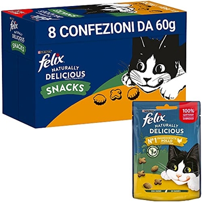 Purina Felix Naturally Delicious Snack Katten met kip en een vleugje kattengras, 8 enveloppen van 50 g - kattenbrokken