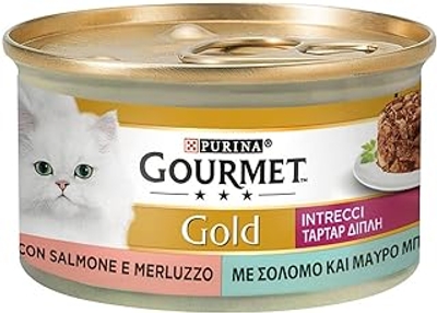 Purina Gourmet Gold, korstmos van Gusto, natvoer voor katten met zalm en kabeljauw, 24 blikjes à 85 g - natvoer katten