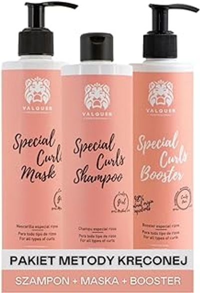 Valquer Professional Pack Curly Method Shampoo 400 ml + Masker 290 ml + Booster 300 ml Speciaal voor Krullen, Krullend Haar, Sulfaatvrij, Zoutvrij Perfecte Krullen. Tot 96% natuurlijke oorsprong