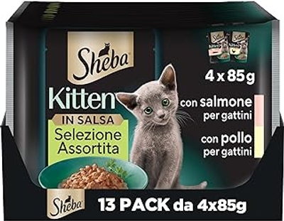 Sheba Kitten Gesorteerde selectie in saus met zalm en kip, compleet natvoer voor kittens, 52 zakjes à 85 g - natvoer katten