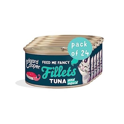 Edgard & Cooper Natvoer voor katten, gesteriliseerd of actief, natuurlijk, zonder granen, 70 g x 24 blikjes, tonijn en inktvis, gezonde aanvulling, smakelijk en evenwichtig - natvoer katten
