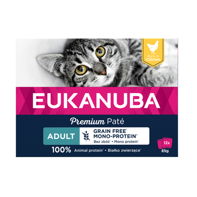 EUKANUBA Graanvrij* premium kattenvoer met kip - natvoer voor volwassen katten van 1 jaar, 12 x 85 g - natvoer katten