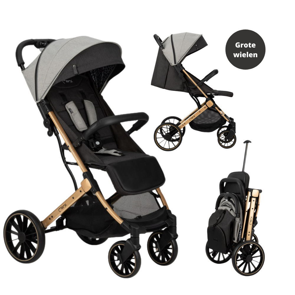 MoMi Wandelwagen - compacte lichtgewicht Buggy - Estelle Dakar met XXL wielen & Zonnekap - Leopard - Grijs-Goud (geschikt van 6mnd - 22kg)