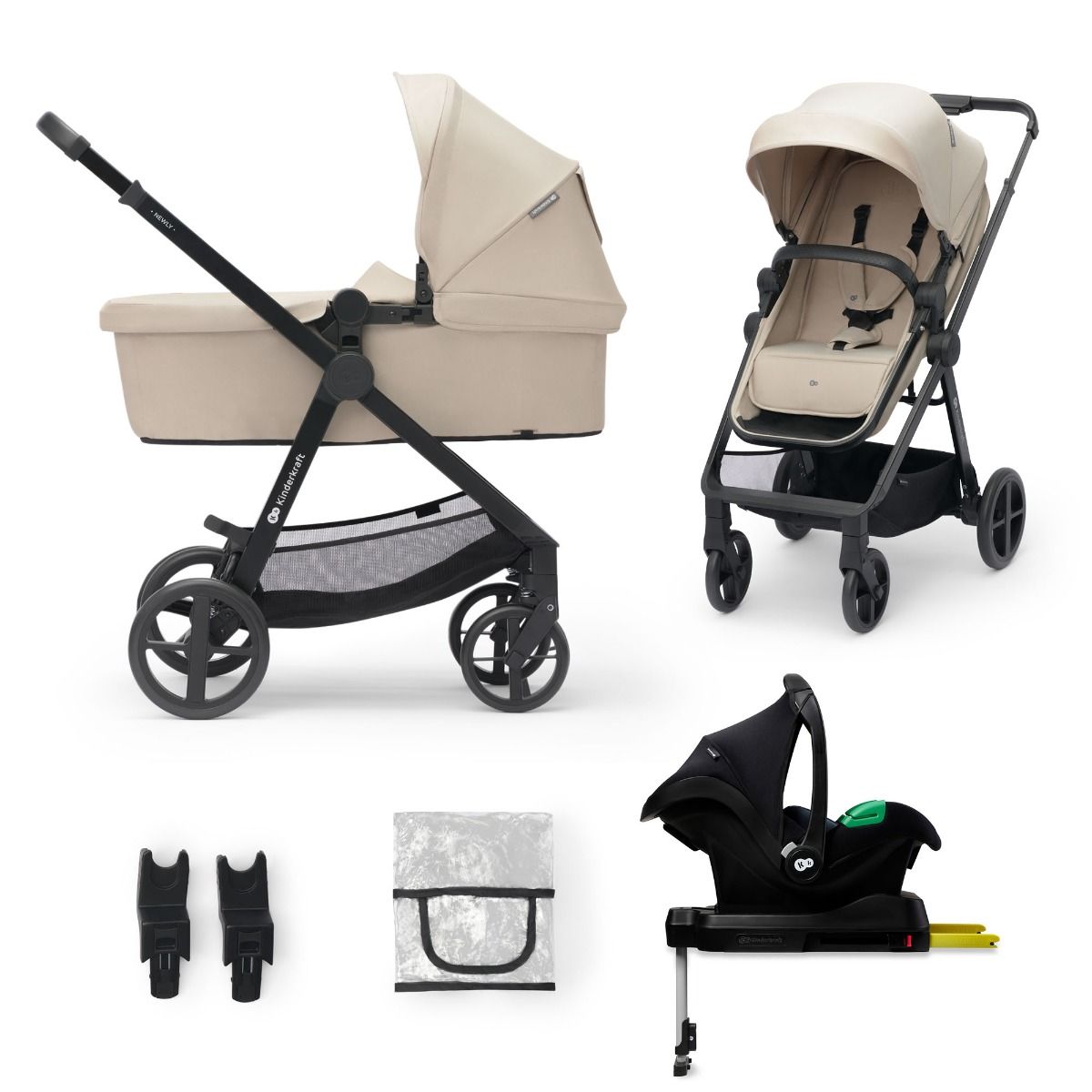 Kinderwagen Kinderkraft Newly 4-in-1 Pro Sand Beige met Autostoel en Base