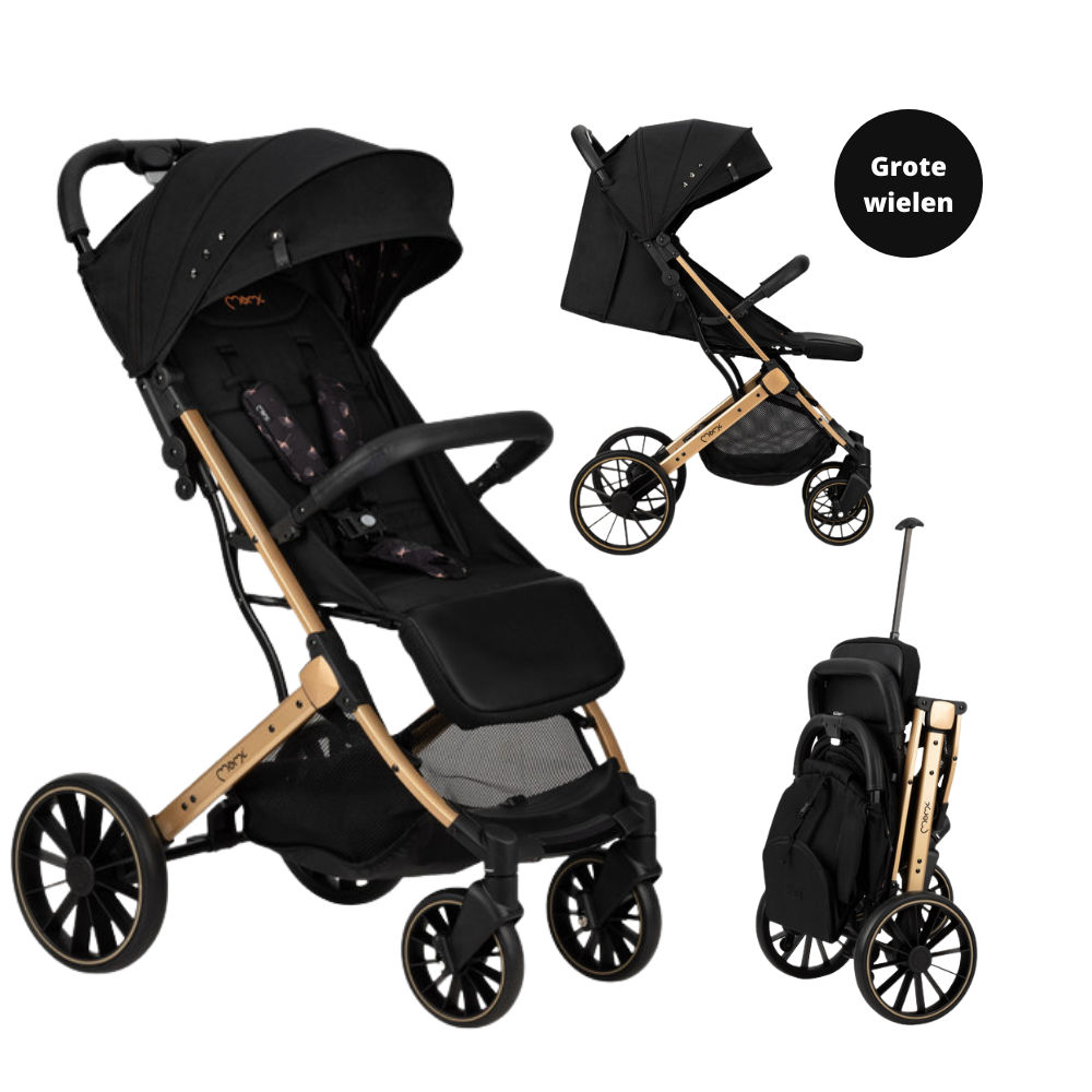 MoMi Wandelwagen - compacte lichtgewicht Buggy - Estelle Dakar met XXL wielen & Zonnekap - Ginko - Zwart-Goud (geschikt van 6mnd - 22kg)