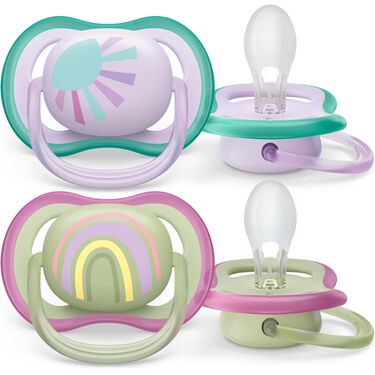 Philips Avent Ultra Air Fopspeen - 0 tot 6 Maanden - 2 Speentjes - Paars/Groen Zon/Regenboog - SCF085/59