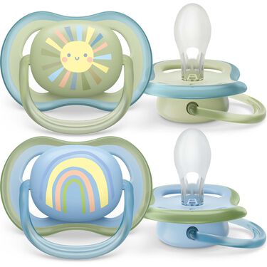 Philips Avent Ultra Air Fopspeen - 0 tot 6 Maanden - 2 Speentjes - Groen/Blauw Zon/Regenboog - SCF085/58