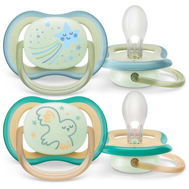 Philips Avent Ultra Air Nighttime Glow in the Dark Fopspeen - 0 tot 6 Maanden - 2 Speentjes - Groen/Oranje Ster/Uil - SCF376/18