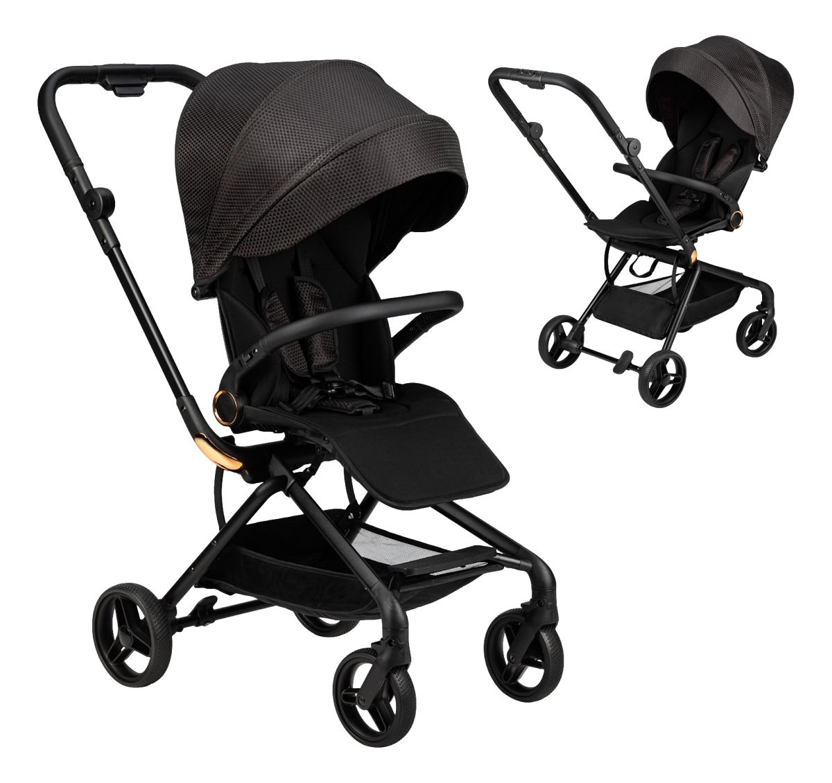 MoMi Wandelwagen - Comfortabele Buggy - Adelle met omkeerbaar zitje & XL Zonnekap - Black-Gold (geschikt van 6mnd - 22kg)