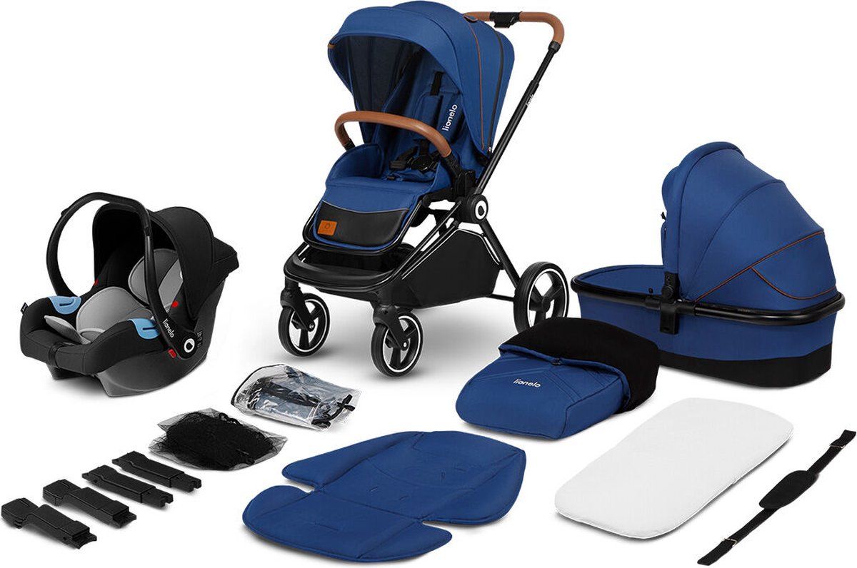 Lionelo Mika 3 in 1 - Kinderwagen - Waterdichte dak XXL met UPF 50+ filter - en rijke set accessoires –muggennet, voetenzak, regenhoes, schouderriem en universele adapters voor de wieg en autostoel - Set: wandelwagen, wieg, autostoel