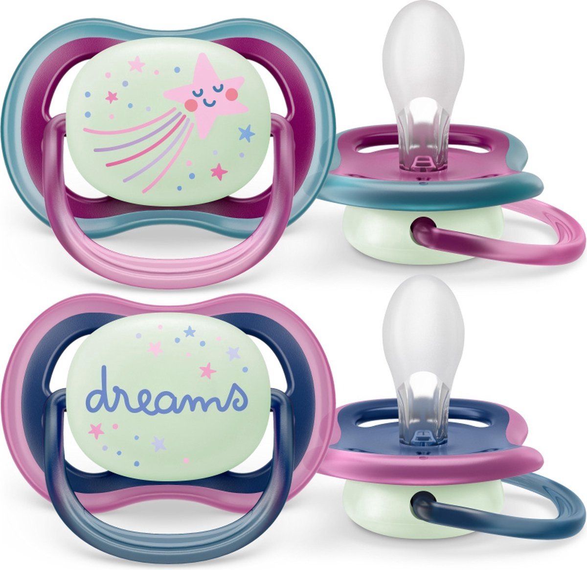 Philips Avent Ultra Air Nighttime Glow in the Dark Fopspeen - 6 tot 18 Maanden - 2 Speentjes - Paars/Donkerblauw Ster/Dreams - SCF376/14