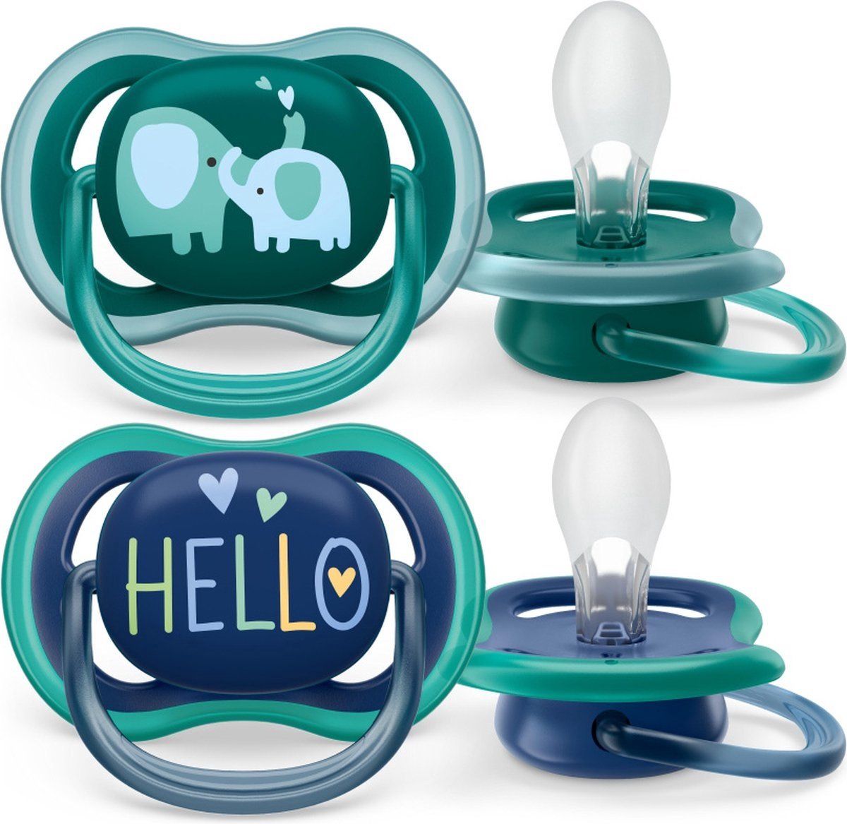 Philips Avent Ultra Air Fopspeen - Ouder dan 18 Maanden - 2 Speentjes - Donkergroen/Donkerblauw Olifant/Hello - SCF349/18