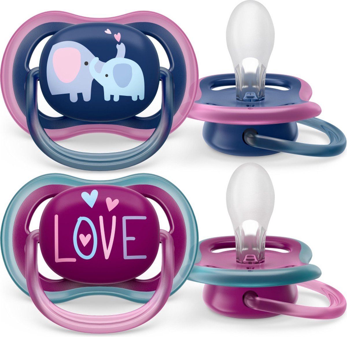 Philips Avent Ultra Air Fopspeen - Ouder dan 18 Maanden - 2 Speentjes - Donkerblauw/Paars Olifant/Love - SCF349/22