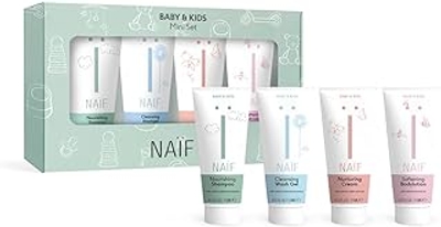 Naïf, Mini Set voor Baby en Kids, 4 Natuurlijke Producten, Shampoo, Wasgel, Vette Creme, Billencreme, Ideaal voor Onderweg, 100% Vegan, 15ml per Product