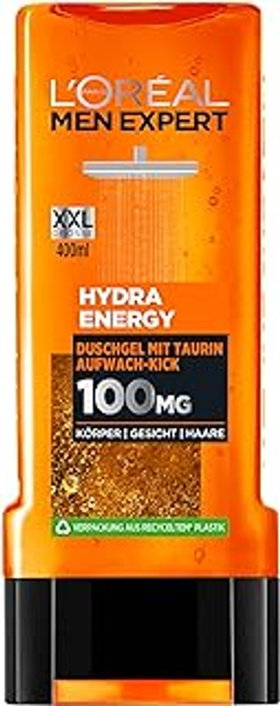 L'Oréal Men Expert XXL douchegel en shampoo voor mannen, douchebad voor het reinigen van lichaam, haar en gezicht, lichaamsverzorging voor langdurige frisheid met taurine, Hydra Energy, 1 x 400 ml