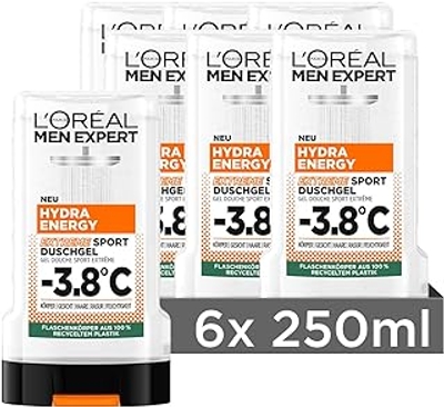 L'Oréal Men Expert Hydra Energy Extreme Sport Douchegel voor Mannen, voor het reinigen van lichaam, haar en gezicht, 6 x 250 ml