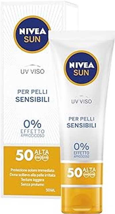 NIVEA SUN UV-gezichtscrème Sensitive SPF50 50 ml, gezichtscrème 50 voor de gevoelige huid, zonbescherming tegen zonneallergieën, gezichtscrème SPF 50 zonder geur met lichte textuur