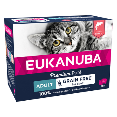 Inhoud: 24x85g Eukanuba Grain Free Adult Zalm Nat Kattenvoer - natvoer katten