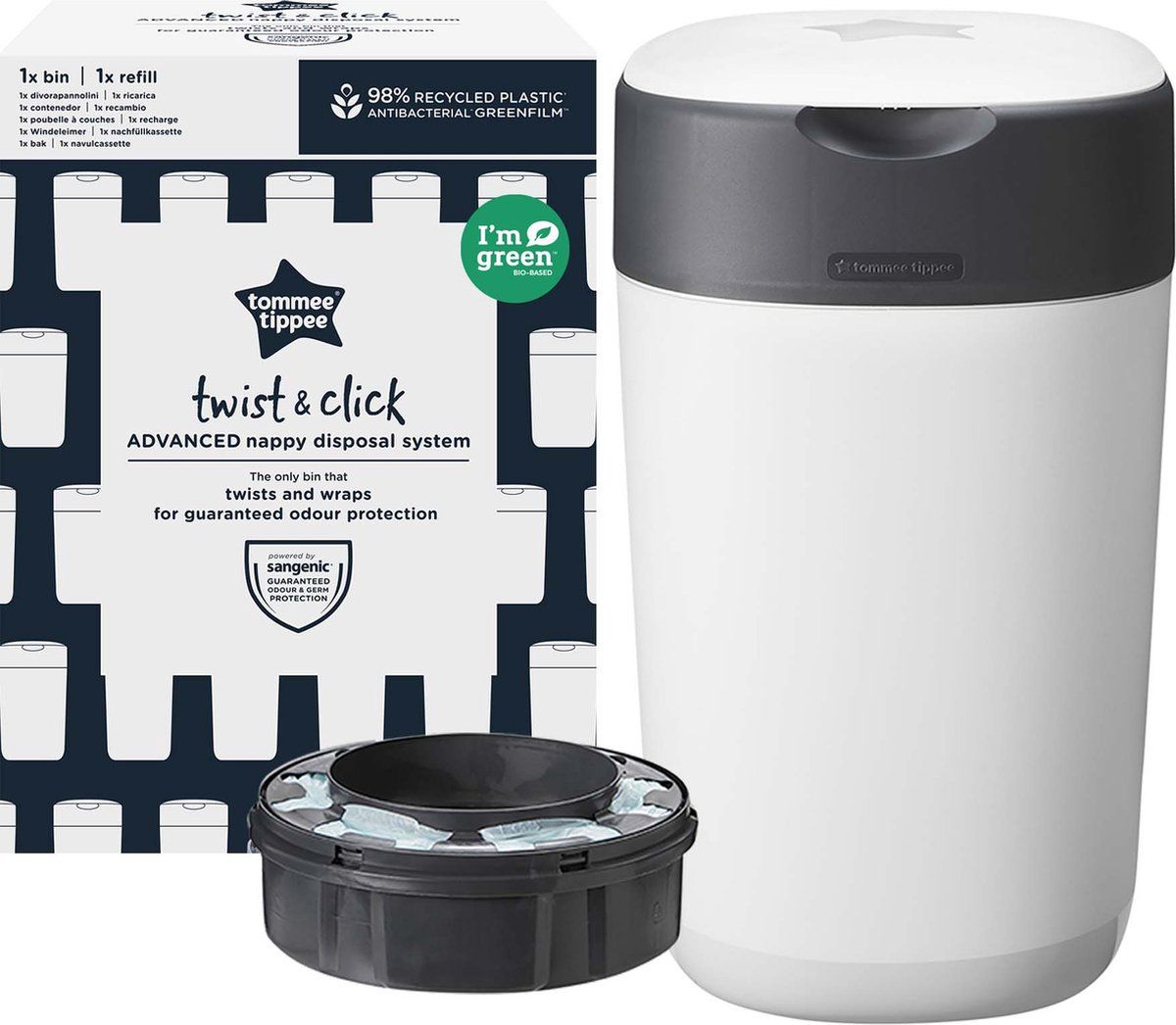 Tommee Tippee Twist & Click luieremmer, inclusief 1 navulling (cassette) met meerlaags antibacterieel folie, 100% gerecycled frame - Voorkomt Geurtjes, Geschikt voor 33 Luiers - Wit