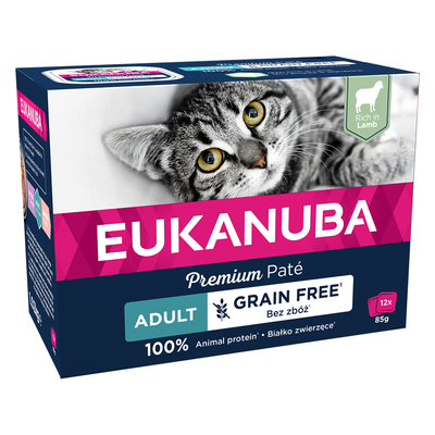 Inhoud: 24x85g Eukanuba Grain Free Adult Lam Nat Kattenvoer - natvoer katten