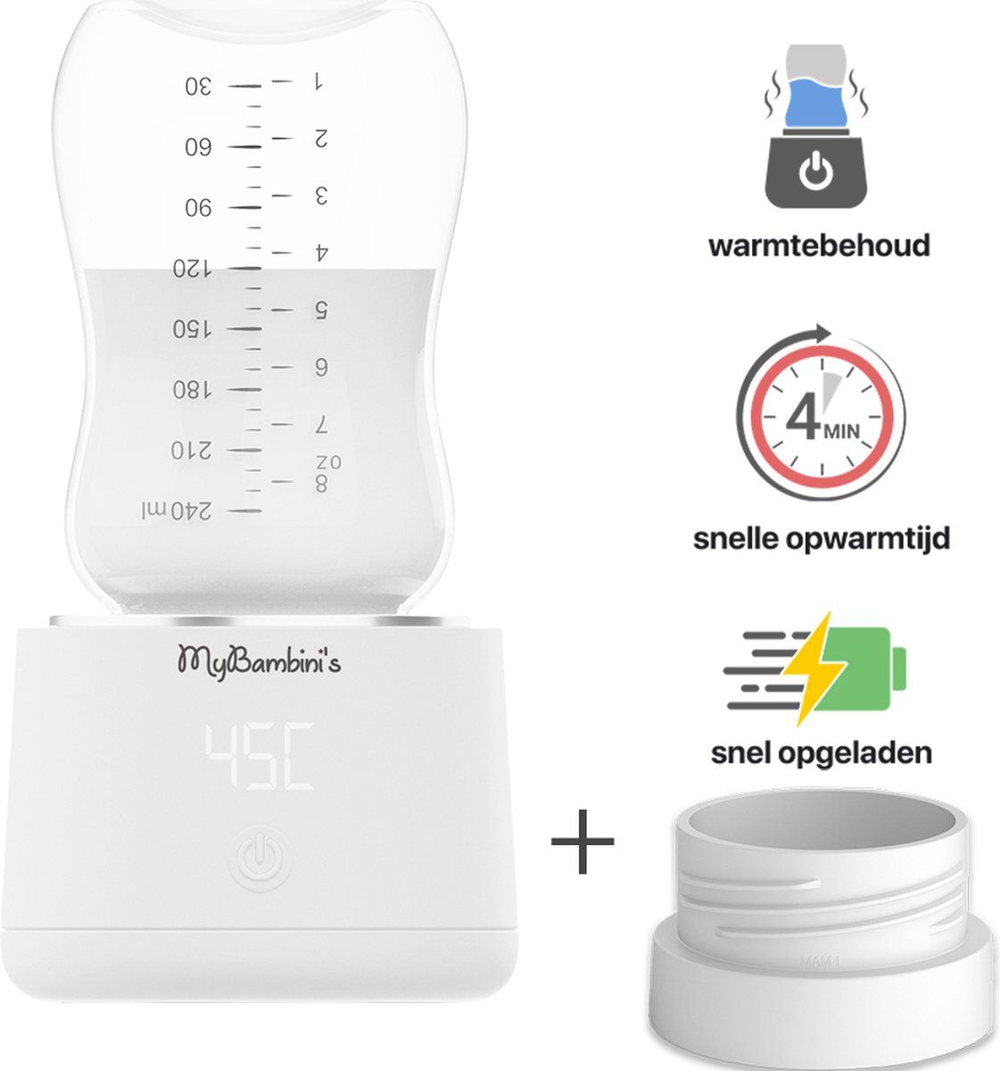 MyBambini's Bottle Warmer Pro™ - Draagbare Baby Flessenwarmer voor Onderweg - Wit - Geschikt voor MAM, Lansinoh, NIP & Nanobebe (brede hals)