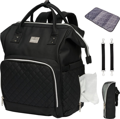 MIMMTI Leren Luiertas Rugzak 2.0 met Verschoonmatje - Zwart - leer - Inclusief flessenwarmhouder - kinderwagenhaken en isoleervak - All in One Bag