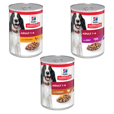 12 x 370 g Hill's Science Plan 1-6 Adult en Light Adult Mixpakket: Kip, Kalkoen, Rund - natvoer honden