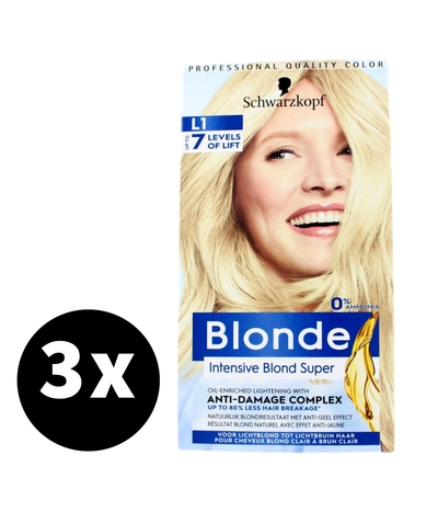 Schwarzkopf Blonde L1 Intensive Blonde Super – Blondering Haarverf - Natuurlijk Blond - Anti-geel Effect - Verminderde Haarbreuk – Voordeelverpakking - 3 stuks