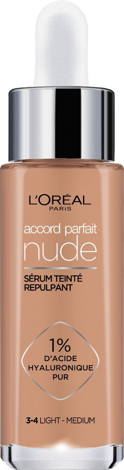 L?Oréal Paris Accord Parfait Nude Volumegevend Getint Serum Foundation met hyaluronzuur - 3-4 Light Medium - 30ml - Vegan