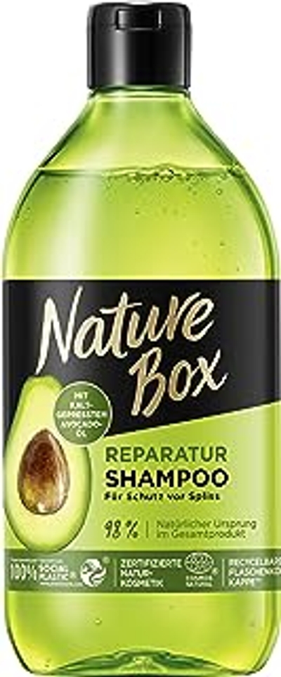 Nature Box Shampoo Repair 385 ml, shampoo voor beschadigd haar met koudgeperste avocado-olie, haarshampoo voor bescherming tegen gespleten haarpunten, fles van 100% gerecycled sociaal plastic