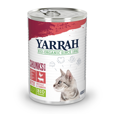 6x405g Chunks Kip en Rund met Brandnetel & Tomaat Yarrah Biologisch Kattenvoer Nat - natvoer katten