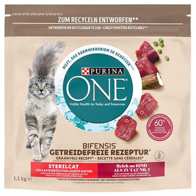 3x1.1kg Graanvrij Sterilcat met Rund Purina ONE Kattenvoer - kattenbrokken