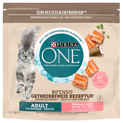 3x 1.1kg Grain Free Adult Zalm Purina ONE Kattenvoer - kattenbrokken