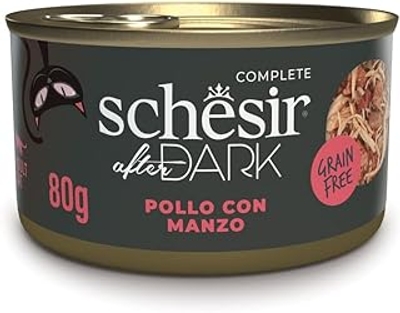 Schesir, Compleet natvoer voor volwassen katten After Dark Kip/rundvlees 12 blikjes à 80 g - kattenbrokken