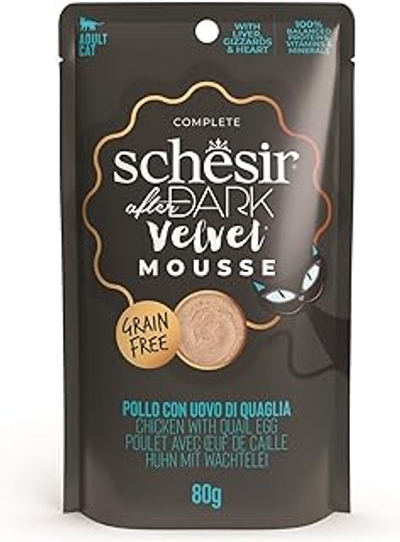 Schesir, Natvoer voor volwassen katten, after dark kip met kwarteleieren, Velvet Mousse, 12 x 80 g - kattenbrokken