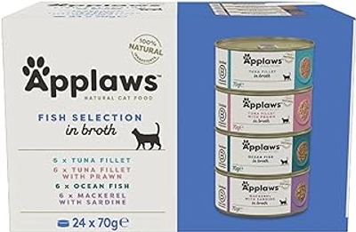 Applaws 100% natuurlijk natvoer voor katten, viskeuze multipack in bouillon - verpakking met 24 x 70 g blikjes - kattenbrokken