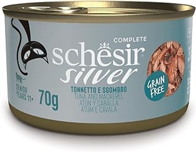 Schesir, Natvoer voor oudere katten, zilverkleurig, kip en sgrombo blikjes, 12 x 70 g - natvoer katten