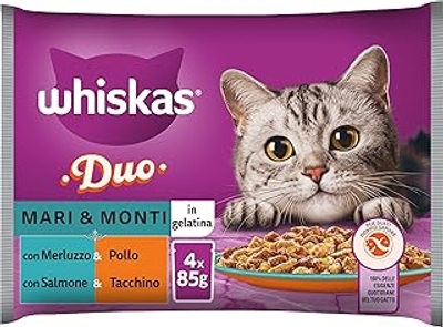 Whiskas Duo Mare e Monti, 1+ jaar natvoer voor katten, 13 verpakkingen met elk 4 zakjes van elk 85 g 52 zakken in totaal - natvoer katten